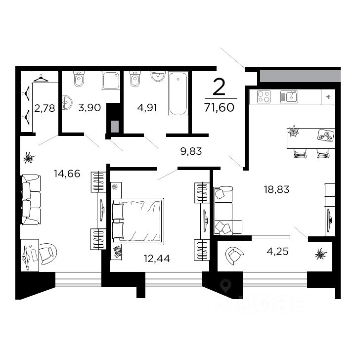 2-к. квартира, 61,6 м², 14/24 эт. на продажу в Рязани Купить квартиру Авито